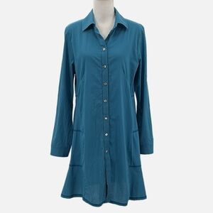 Beyond Threads Cotton Long Roll Tab Sleeve Shirt Dress in Turquoise -Size Medium